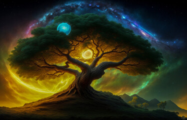 greenery oak tree powerful tree crown moon stars space