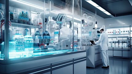 Modern laboratory with a scientist working at a high-tech workstation surrounded by advanced analytical equipment. - obrazy, fototapety, plakaty