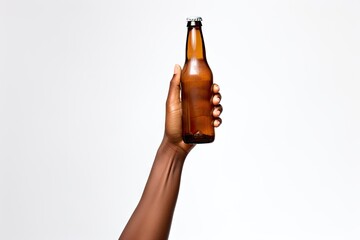 Hand Holding Beer Bottle Isolated, Drink Bottle in Hand on White - obrazy, fototapety, plakaty
