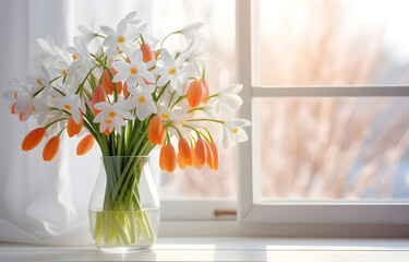 colorful snowdrops flowers in transparent vase on white wooden table over bokeh window background