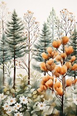 Fototapeta premium Watercolor nature forest with a seamless pattern landscape, isolated on a white background. Trees, branches, flowers. Great as wallpaper, banner or background vector.