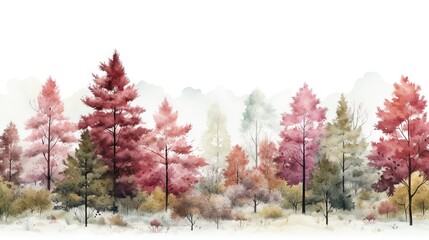 Watercolor nature forest with a seamless pattern landscape, isolated on a white background. Trees, branches, flowers. Great as wallpaper, banner or background vector.