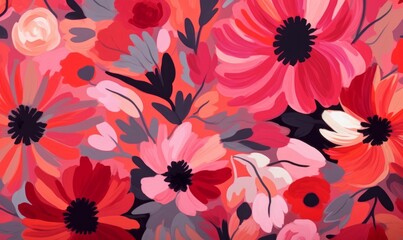 Colorful acrylic Painted Pink and red flowers pattern, Cute hand drawn colorful artistic flowers print. Modern botanical pattern. Fashionable template, Generative AI