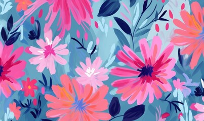 Cute hand drawn abstract flowers print. Modern cartoon style pattern. Fashionable template for design. Pink flower pattern, with blue backgrounds, vibrant acrylic colors brush strokes, Generative AI