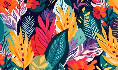 Modern exotic floral jungle pattern. Collage contemporary seamless pattern. Hand drawn cartoon style pattern, Generative AI