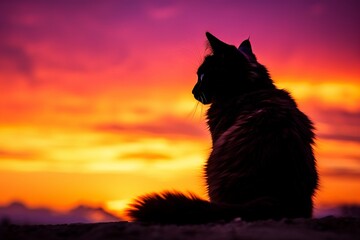 Silhouette of cat against vibrant sunset sky