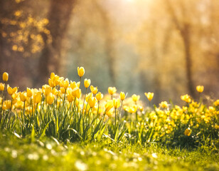 Yellow flowers among the grass, defocused background. Spring season, flowers in bloom. Nature themed photo with peaceful and serene mood.
