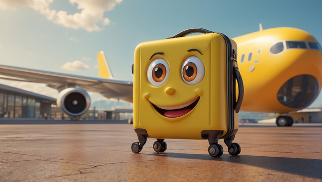 Cute cartoon suitcase with eyes and smile at the airport creative