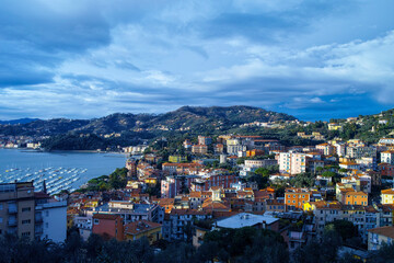 Fototapeta na wymiar Aerial view of the town of Lerici (Liguria, Italy) and its traditional Ligurian houses facades.