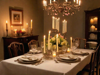 An elegantly set dining table with an empty chair, adorned with candles, flowers, and fine dinnerware. The background exudes a cozy and intimate atmosphere.