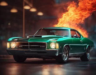 Foto op Plexiglas A green car with flames coming out of it © NeuroSky
