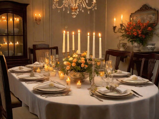An elegantly set dining table with an empty chair, adorned with candles, flowers, and fine dinnerware. The background exudes a cozy and intimate atmosphere.