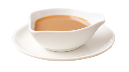 Gravy sauce in a white pointed mouth cup.