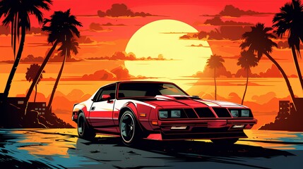 Red vintage car with evening view background