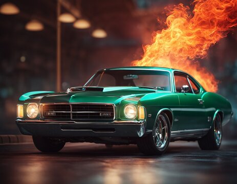 A green car with flames coming out of it