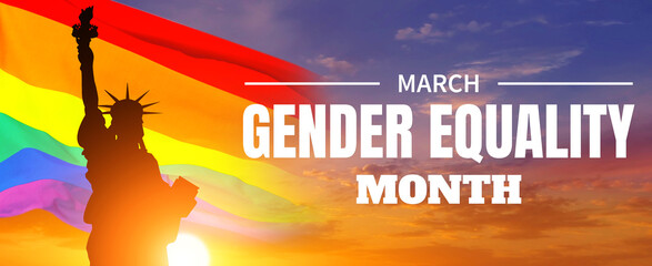 LGBT flag on Statue of Liberty background. March is gender equality month. USA. 3d illustration