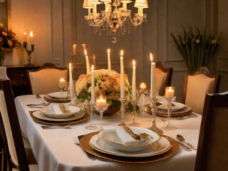 An elegantly set dining table with an empty chair, adorned with candles, flowers, and fine dinnerware. The background exudes a cozy and intimate atmosphere.