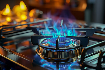 A great approximation to the burning flame of a propane gas stove in a home kitchen. - obrazy, fototapety, plakaty
