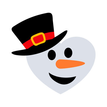 Logo snowman. Silueta de corazón con cara de muñeco de nieve con nariz de zanahoria y sombrero para su uso en tarjetas y felicitaciones de Navidad