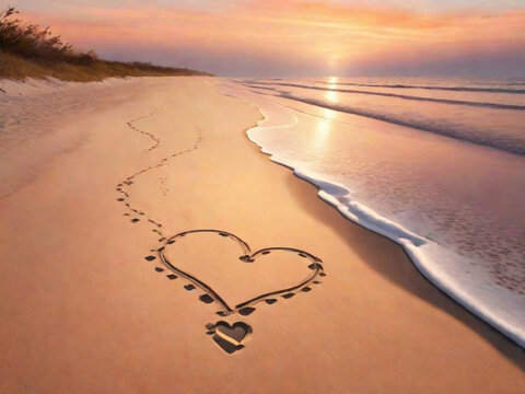 An empty beach at sunset with a romantic, warm color palette. Footprints in the sand lead towards a heart drawn in the shore.