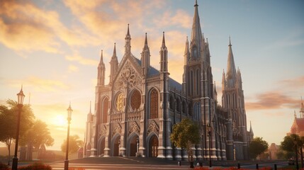 Fototapeta premium An ornate, historic cathedral with intricate stonework and towering spires, bathed in the warm glow of the setting sun