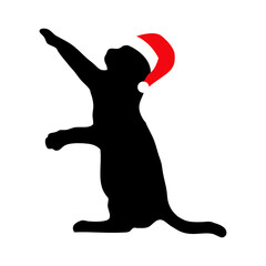 Tiempo de Navidad. Logo pet friendly. Silueta de gato levantado jugando con sombrero de Santa Claus en espacio negativo para su uso en tarjetas y felicitaciones  © teracreonte