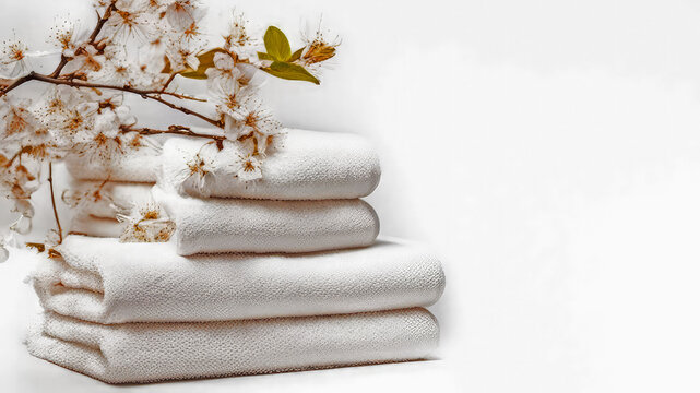 White towels steck and cherry blossoms on white background.Spa, aromatherapy, zen spa atmosphere concept.Generative AI