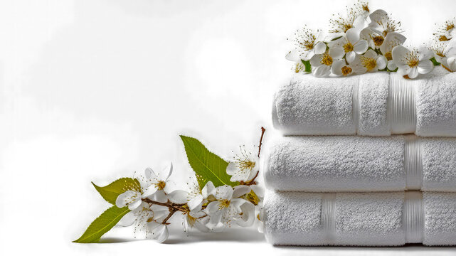 White towels steck and cherry blossoms on white background.Spa, aromatherapy, zen spa atmosphere concept.Generative AI