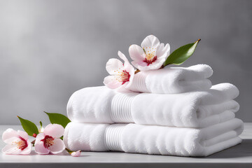 Obraz na płótnie Canvas White towels and cherry blossoms on gray background.Spa, aromatherapy, zen spa atmosphere concept.Generative AI