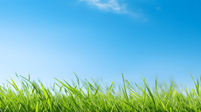 Green grass blades in a clear blue sky 