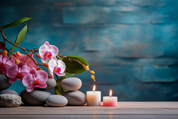 The concept of a spa salon. Stones, burning candles and an orchid. Taking care of the body and physical health