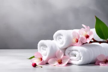Fototapeta na wymiar White towels and cherry blossoms on gray background.Spa, aromatherapy, zen spa atmosphere concept.Generative AI