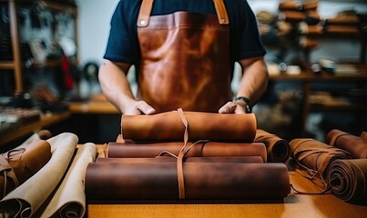 Man in Apron Crafting Leather Goods - obrazy, fototapety, plakaty