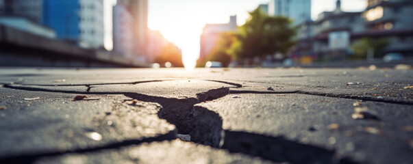 cracks on the asphalt road surface against the background of the city, banner.​ - obrazy, fototapety, plakaty