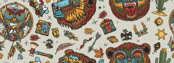 Owls and bears. Seamless pattern. Tourism symbol, adventure, great outdoor. Old school tattoo style background