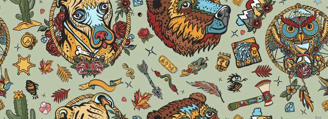 Dogs, owls and bears. Tourism symbol, adventure, great outdoor. Old school tattoo style background. Seamless pattern