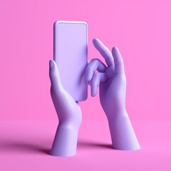 3d render mannequin hands holding smart phone gadget, electronic device concept, isolated on pink violet background, minimal modern design. Remote control with touchscreen, user, Generative AI 