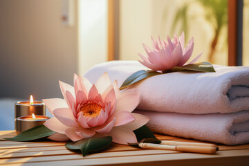 Fototapeta na wymiar Beauty products for spa sessions, including massage oil, soft towels, a lotus flower and a glowing candle, express the idea of relaxation and love for your body