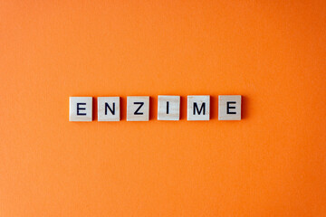 Word enzyme. The phrase is laid out in wooden letters top view. Orange flat lay background