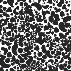 Black and white spotted animal print of Dalmatian or cow. Vector background with animal print. Texture spots and dots of different shapes.