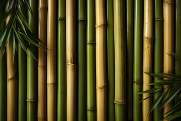 Vertical bamboo shoots with leaves creating a natural pattern, space for text