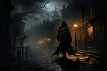 A spectral figure in a top hat and cloak, holding a lantern, walking along a deserted, cobblestone street in an ancient town. - obrazy, fototapety, plakaty