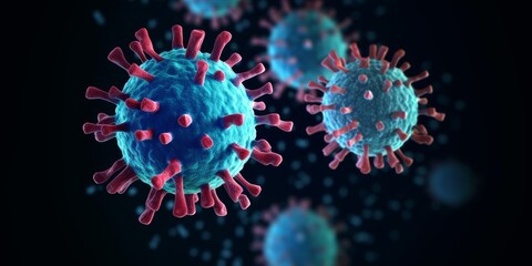 Macro coronavirus(covid-19) cell delta plus variant.BA.5,BA.2.75,BA.4(omicron covid).COVID 19 Delta plus variant Sars ncov 2.Mutated coronavirus SARS-CoV-2 flu disease pandemic, 3D render,GenerativeAI