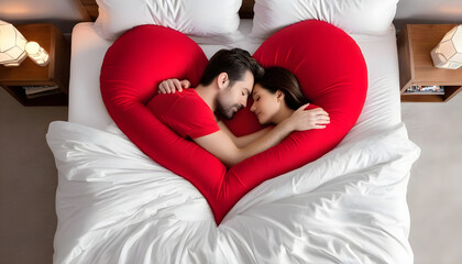 couple sleeping in red heart 