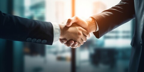 Businessman handshake for teamwork of business merger and acquisition,successful negotiate,hand shake,two businessman shake hand with partner to celebration partnership and business deal,Generative AI
