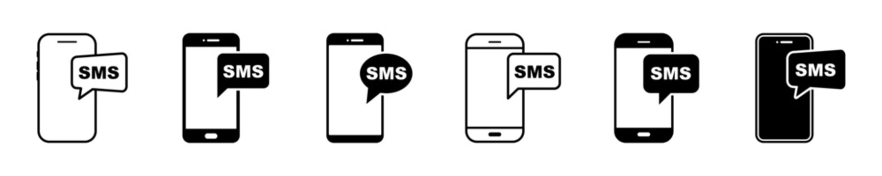 Set of sms and smartphone vector icons. Message on phone. Send letter. Vector 10 Eps.