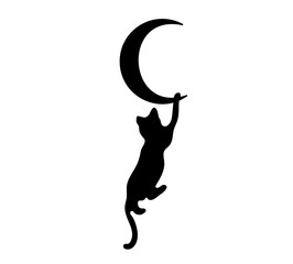 Vector isolated one single black cat hanging on the crescent moon colorless black and white outline silhouette shadow shape stencil solid black