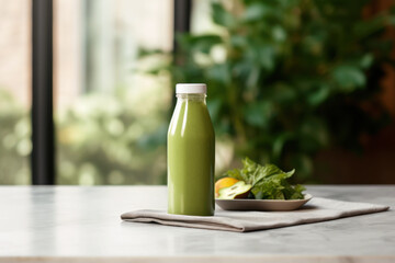Bottle of fresh green smoothie on kitchen table