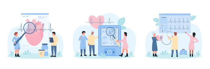 Heart health checkup, cardiology set vector illustration. Cartoon tiny people check heartbeats with cardiogram and stethoscope to research cardiovascular risks, doctors measure blood pressure