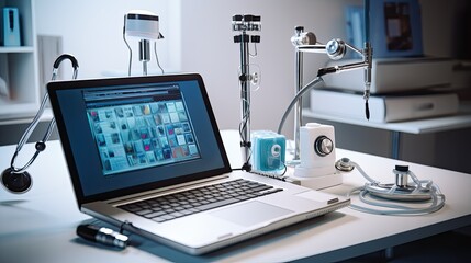 Modern medical office desk with laptop displaying healthcare software, stethoscope, and diagnostic equipment.
